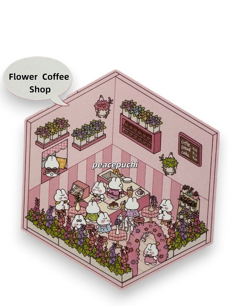 Flower Coffee Shop Market Animal 3D DIY Scene Sticker Set I Creative Stickers | DIY Manual Miniature Scene Decoration | 3D Three-Dimensional Landscaping